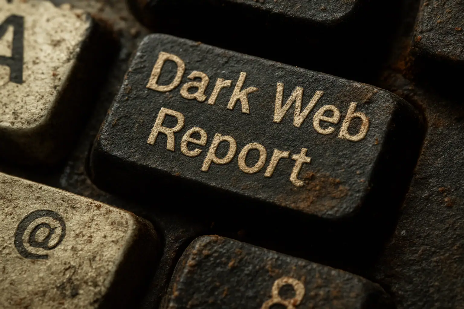 Key on a keyboard labeled 'Dark Web Report' shows wear and grime.