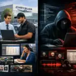 Zwei Hälften zeigen einen Autohändler und einen Hacker in Aktion.