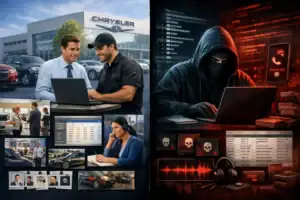 Two contrasting scenes: car dealership interaction and cybercrime activity.
