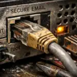 Nahaufnahme eines verstaubten Netzwerkanschlusses mit Kabel und Staub.