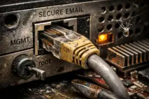 Dusty network cable connected to a device with worn labels and spider webs.