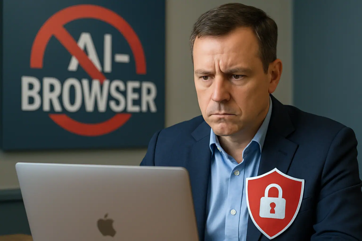 Мужчина с серьезным выражением лица смотрит в ноутбук на фоне знака "Запрещен AI-браузер".