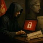 Человек в капюшоне работает за ноутбуком с символом блокировки.