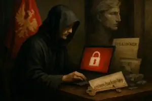 Cloaked figure working on a laptop, surrounded by ominous symbols and historical references.