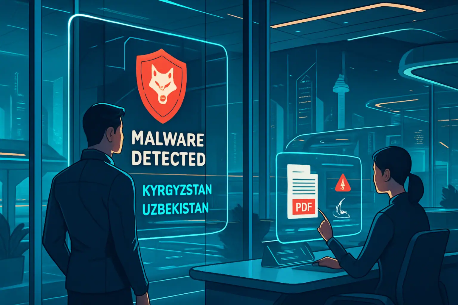 Hombre y mujer revisan alerta de malware en una pantalla digital.