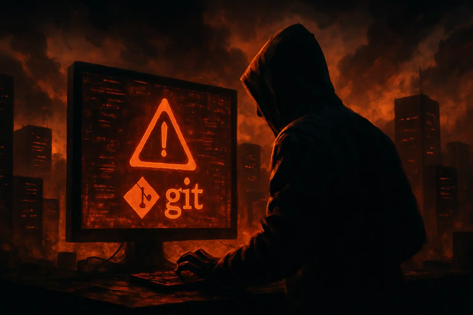 Hooded figure at a computer screen displaying a warning about Git amidst a dramatic background.