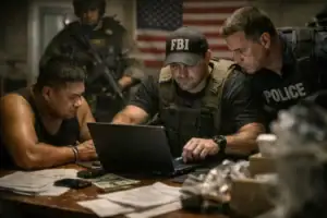 FBI and police agents investigate a case with a suspect in a dimly lit room.