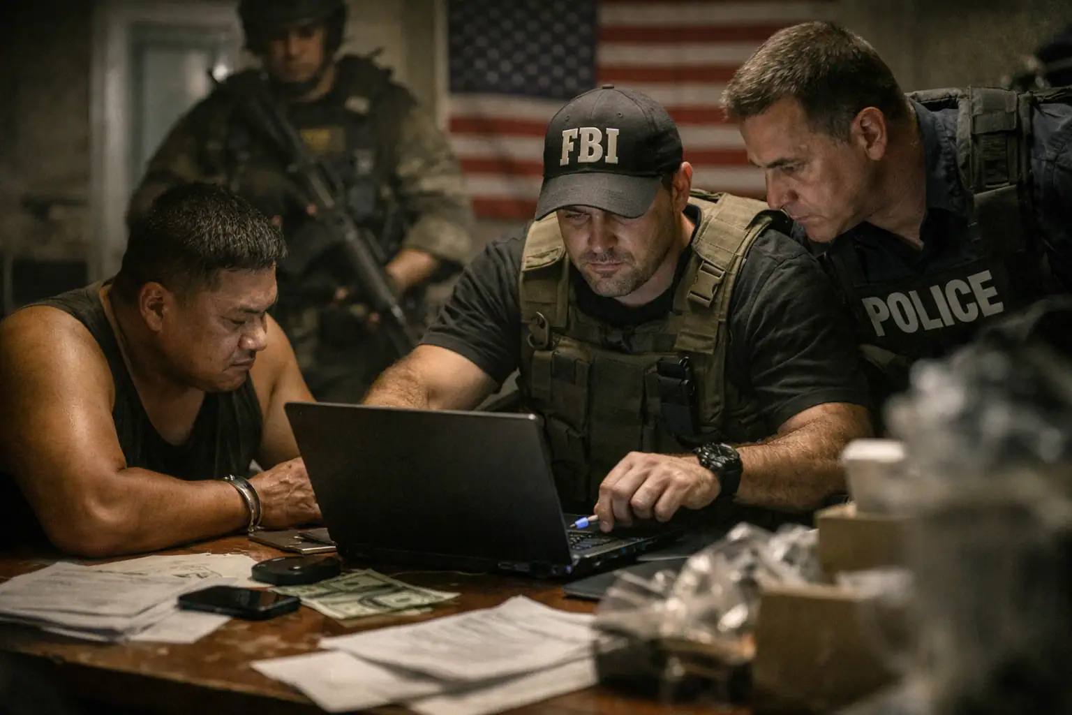 FBI and police agents investigate a case with a suspect in a dimly lit room.
