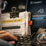 Mann lädt sensible Dateien auf einem Laptop mit vertraulichen Unterlagen hoch.