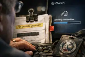 Person using a laptop to upload sensitive files with official documents nearby.