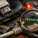 Лупа з написом "spyware" над брудними електронними пристроями і проводами.