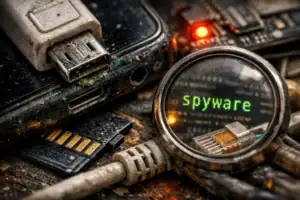Close-up of electronic devices with a magnifying glass revealing "spyware."