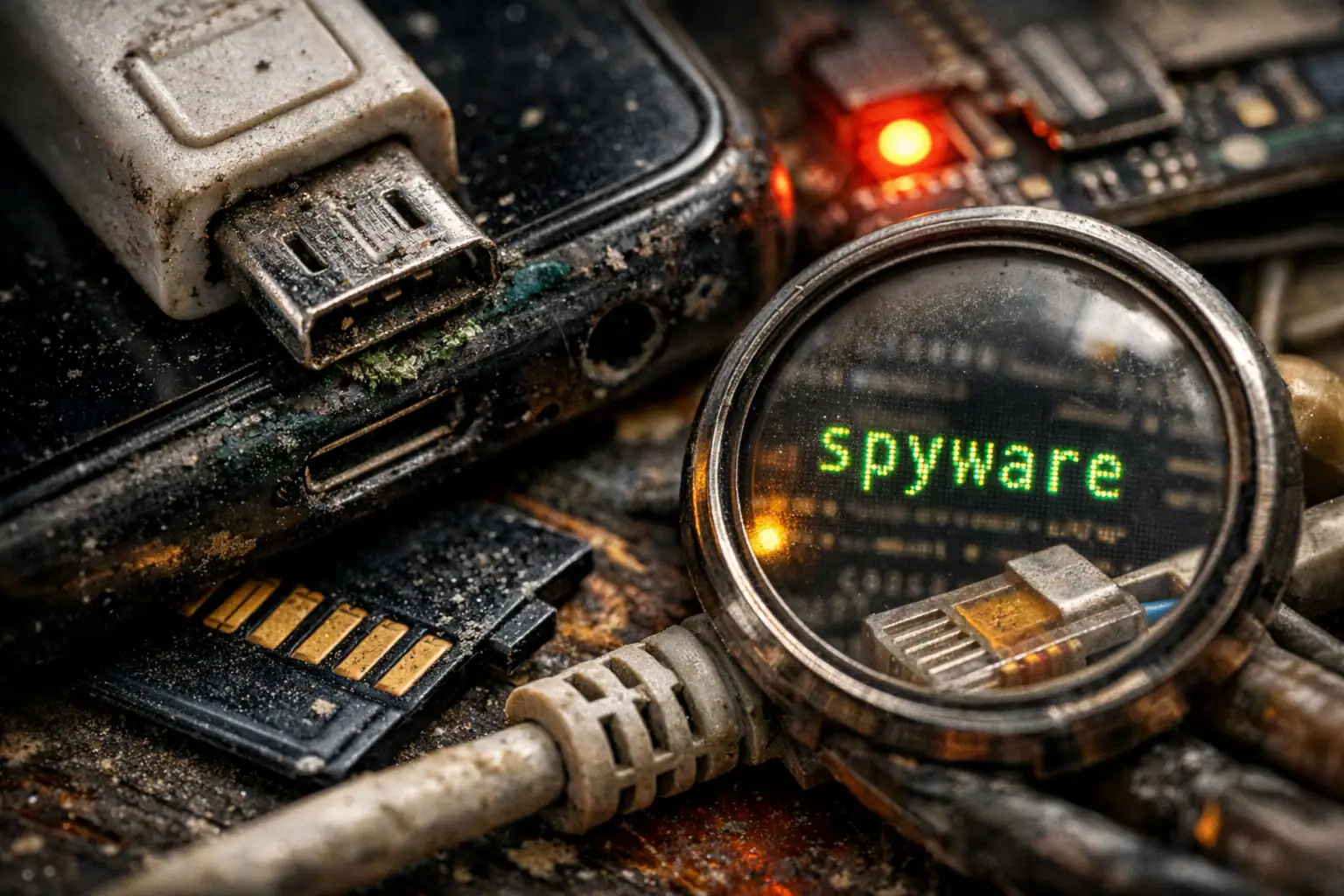 Лупа з написом "spyware" над брудними електронними пристроями і проводами.