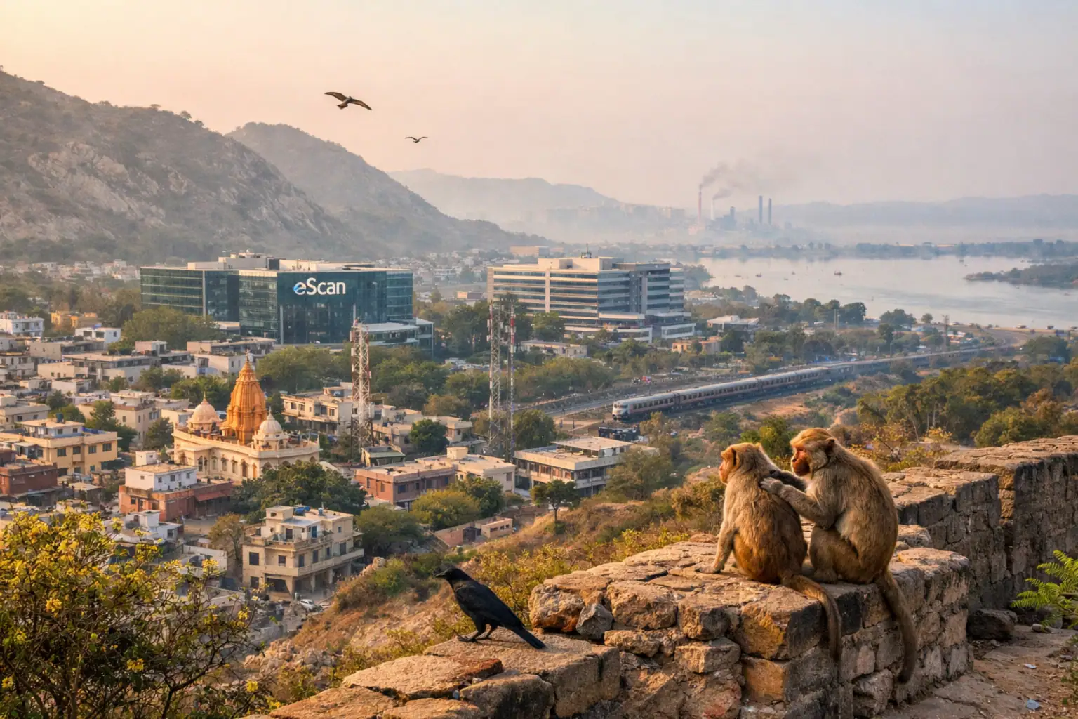 Две обезьяны сидят на каменной стене с видом на город и горы.