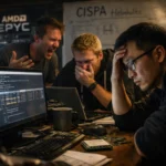 Троє програмістів обговорюють проблему біля комп'ютерів в освітленому офісі.