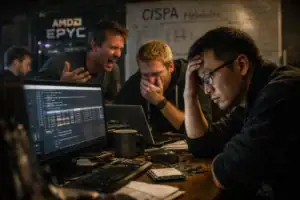 Equipo de trabajo angustiado frente a pantallas de computadora en entorno oscuro.