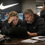 Zwei Personen in Nike-Outfits konzentrieren sich auf einen Laptop am Arbeitsplatz.