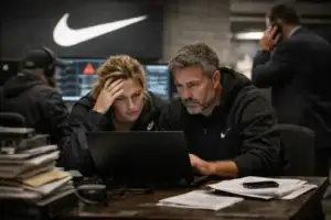 Двоє людей дивляться на ноутбук у офісі, виглядаючи стурбованими.