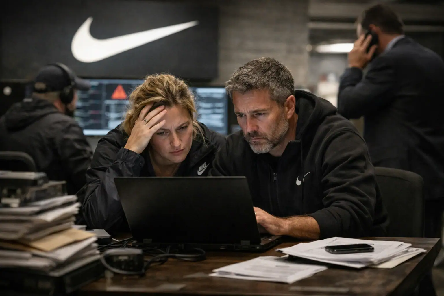 Zwei Personen in Nike-Outfits konzentrieren sich auf einen Laptop am Arbeitsplatz.