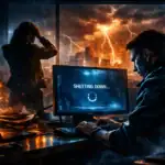 Hombre preocupado frente a una computadora mostrando "SHUTTING DOWN..."