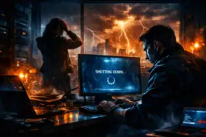 Person vor einem Computer mit der Meldung "SHUTTING DOWN" und Gewitter im Hintergrund.