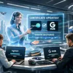 Interacción entre usuarios de tecnología en un entorno futurista.