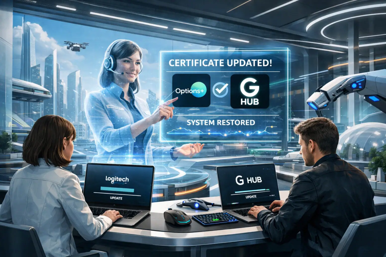 Two users update software with a virtual assistant in a futuristic environment.