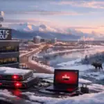 Snowy cityscape with a laptop, servers, and a rabbit overlooking a mountain backdrop.