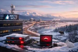 Snowy cityscape with a laptop, servers, and a rabbit overlooking a mountain backdrop.