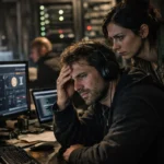 Zwei Personen arbeiten angespannt an Computerbildschirmen in einem schwach beleuchteten Raum.