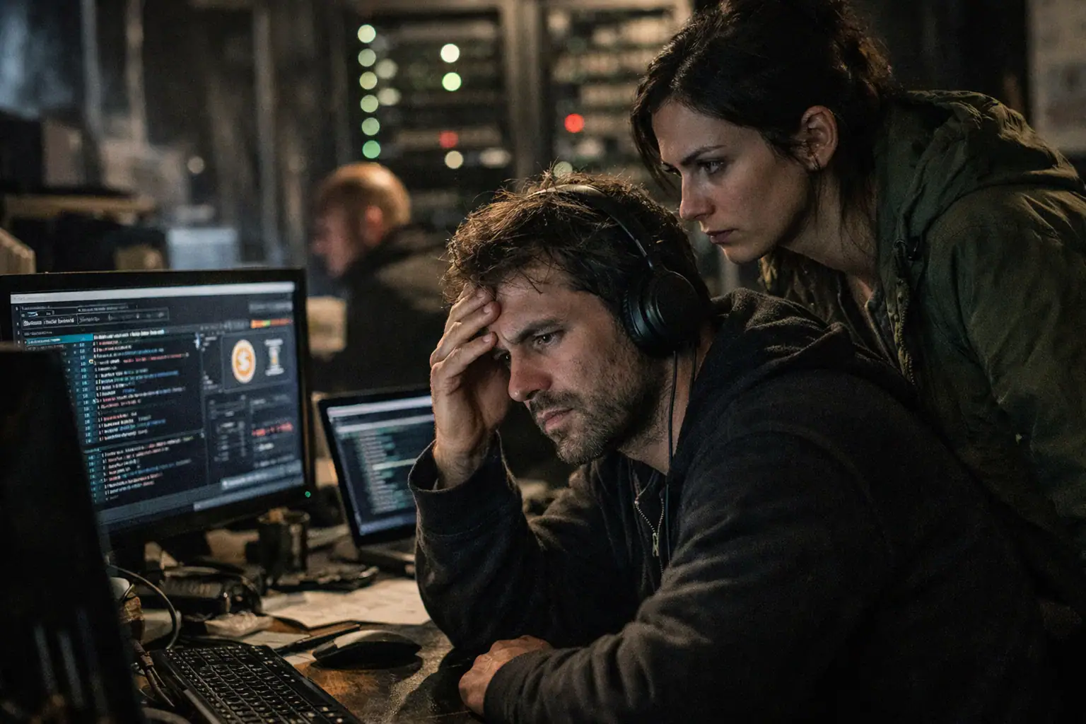 Tense moment as a man and woman analyze data on computers in a dimly lit room.