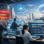 Tech professionals monitoring cybersecurity updates in a futuristic control room.