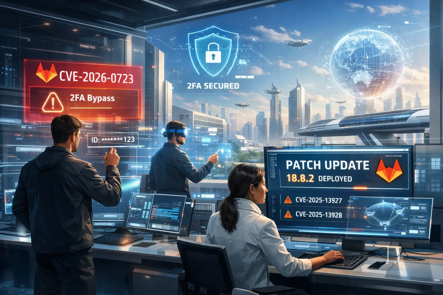 Menschen in einem Kontrollraum überwachen Cyber-Sicherheitsupdates und Bedrohungen.