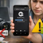 Женщина с смартфоном, активирующим функцию чтения текста для доступности.