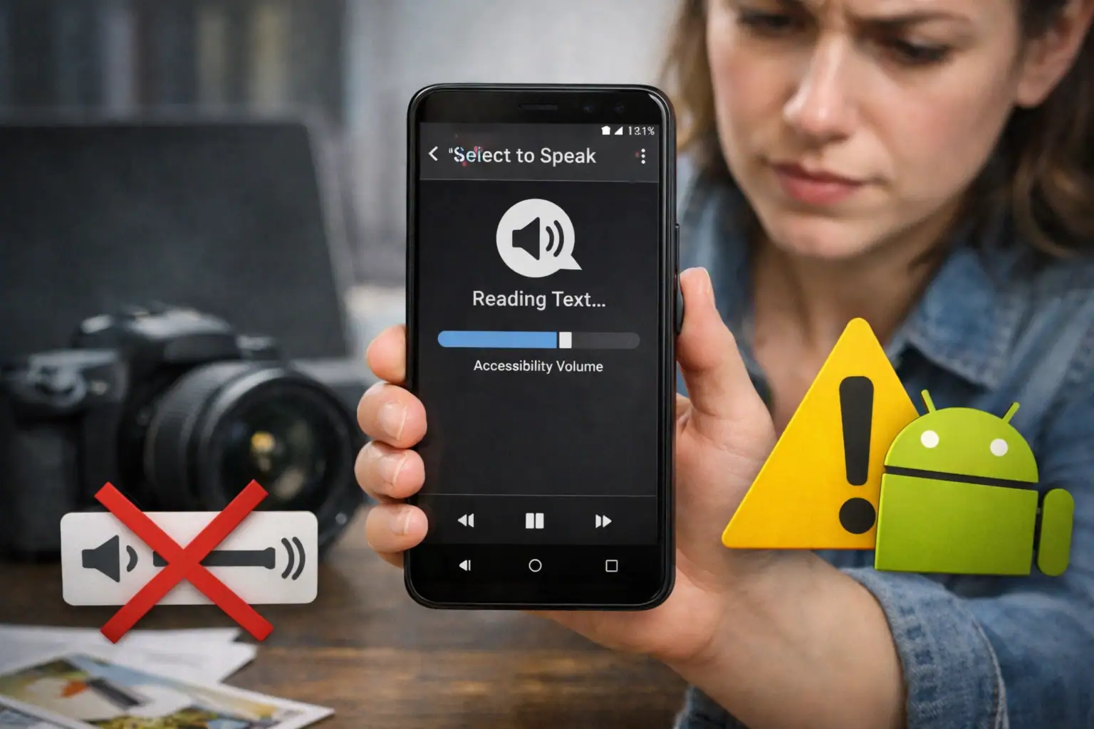 Woman using smartphone's Select to Speak feature with warning icon displayed.