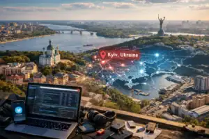 A vibrant skyline of Kyiv with tech devices in the foreground, highlighting connectivity.