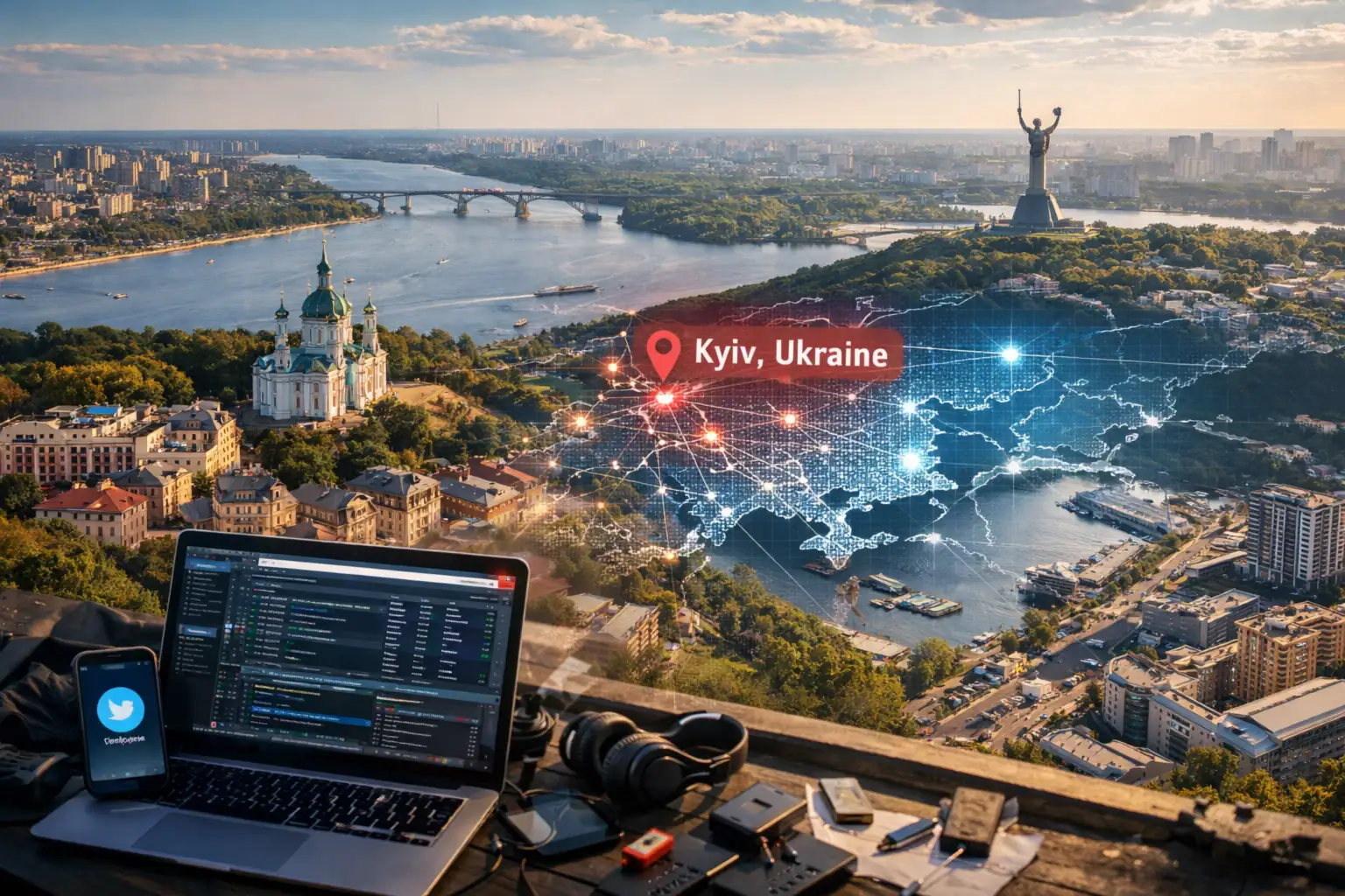 A vibrant skyline of Kyiv with tech devices in the foreground, highlighting connectivity.