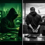 Хакер за комп'ютером на фоні великого міста з комп'ютерними даними.