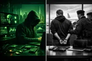 Cyber hacker at computer, contrasting with an arrested figure in an airport setting.