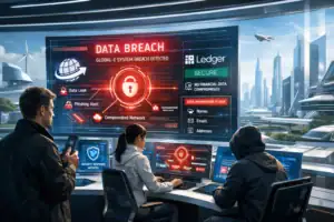 Team addresses a global data breach with high-tech screens in a futuristic control room.