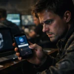 Mann mit Smartphone, auf dem Telegram-Logo sichtbar ist, in dunklem Raum.