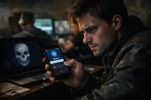 Man using a smartphone with Telegram app in a dimly lit room.
