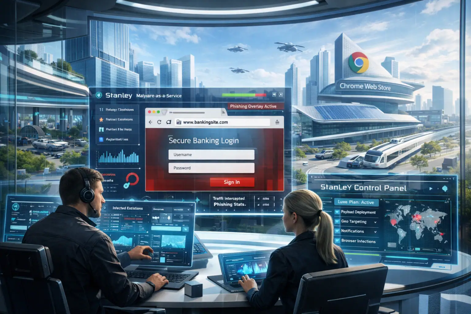 High-tech control room with two operators monitoring cybersecurity threats.