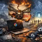 Digitales Chaos mit verbranntem Dokument, Computer und mysteriösem Portal.