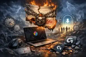 ** Laptop amidst chaos symbolizes digital expiration and impending doom.