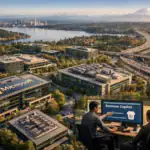 Vista aérea del campus de Microsoft y empleados en la oficina interactuando.