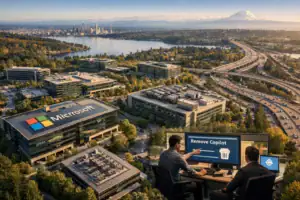 Вид на кампус Microsoft із фахівцями, які працюють на комп'ютерах.