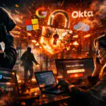 Hacker und Sicherheitsanalystin interagieren am Computer in urbaner Umgebung.