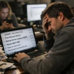 Frustrated man in a dimly lit office surrounded by paperwork and computer screens.