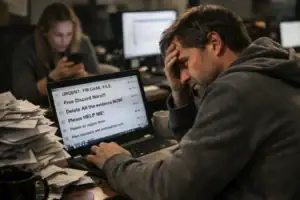 Frustrated man in a dimly lit office surrounded by paperwork and computer screens.